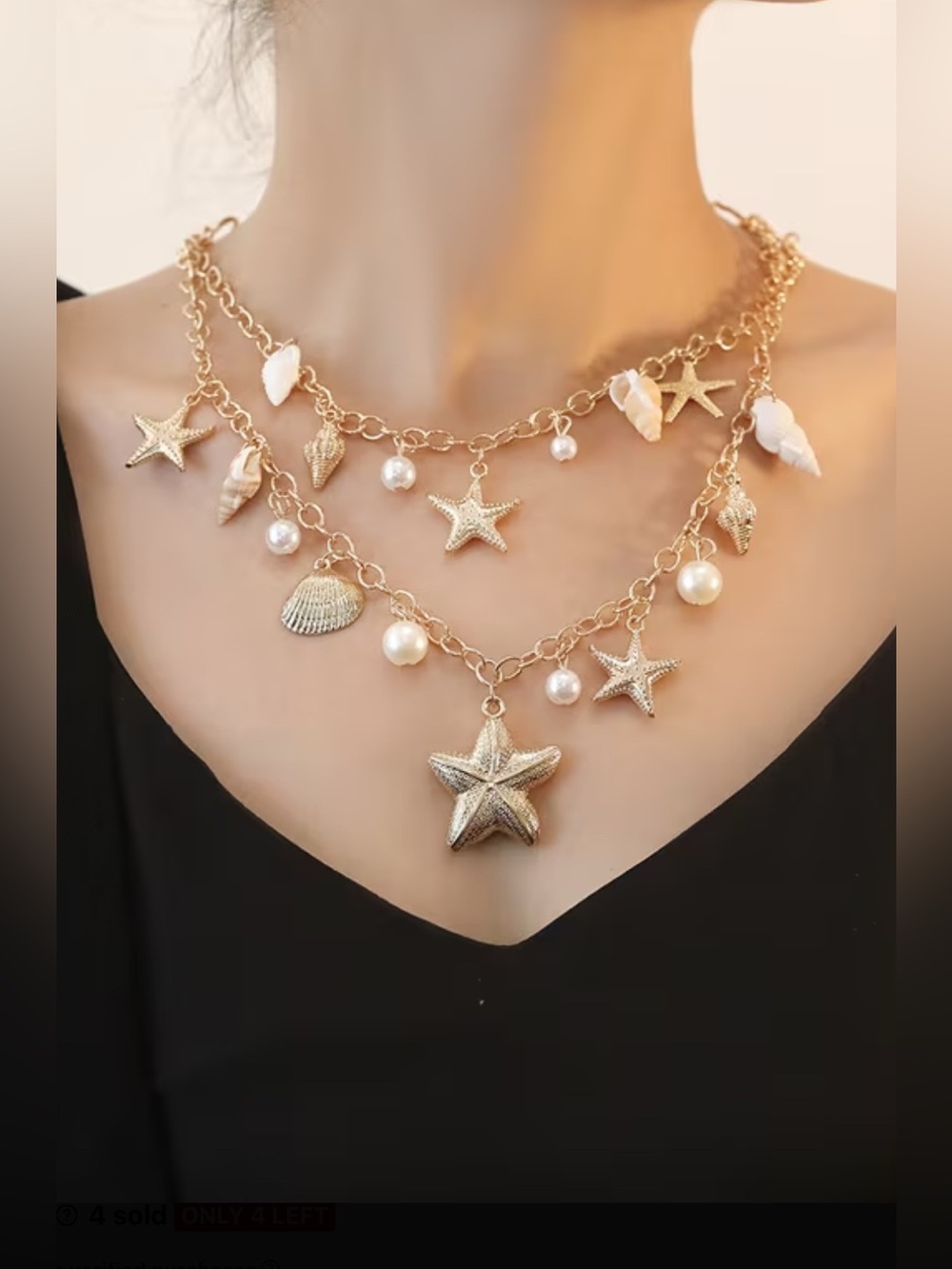 Gold Toned Seashell & Starfish Layered Necklace with Pearls